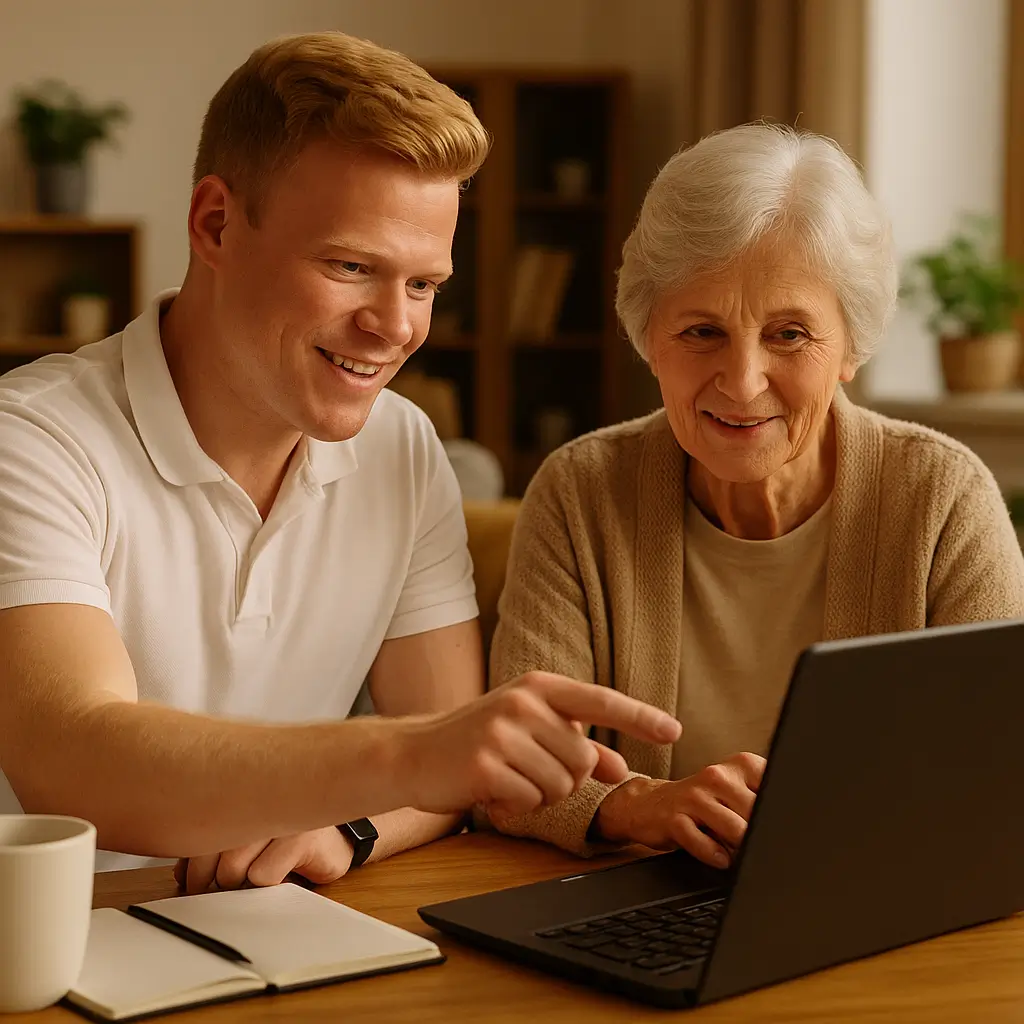 Ouder mevrouw word geholpen door een jongeman bij een laptop